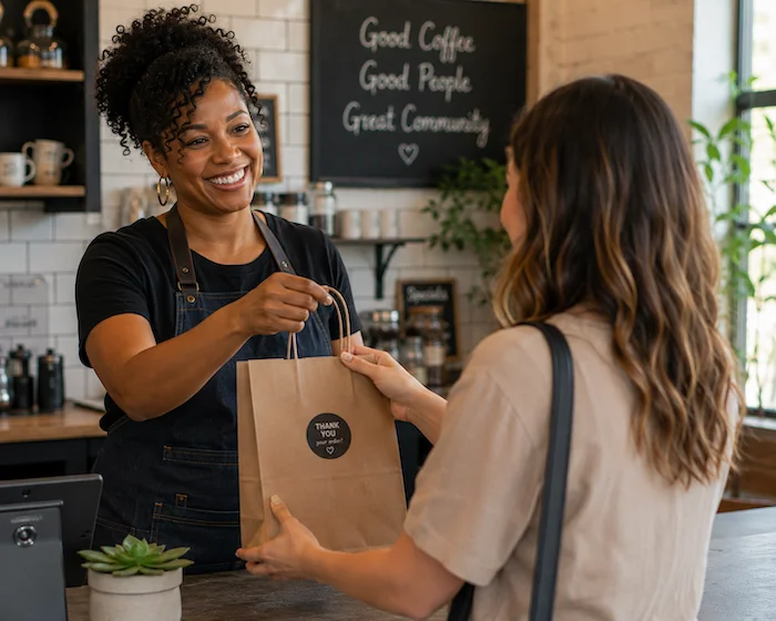 Woman or minority small-business owner serving a customer, representing who the Foundation's mission exists to support